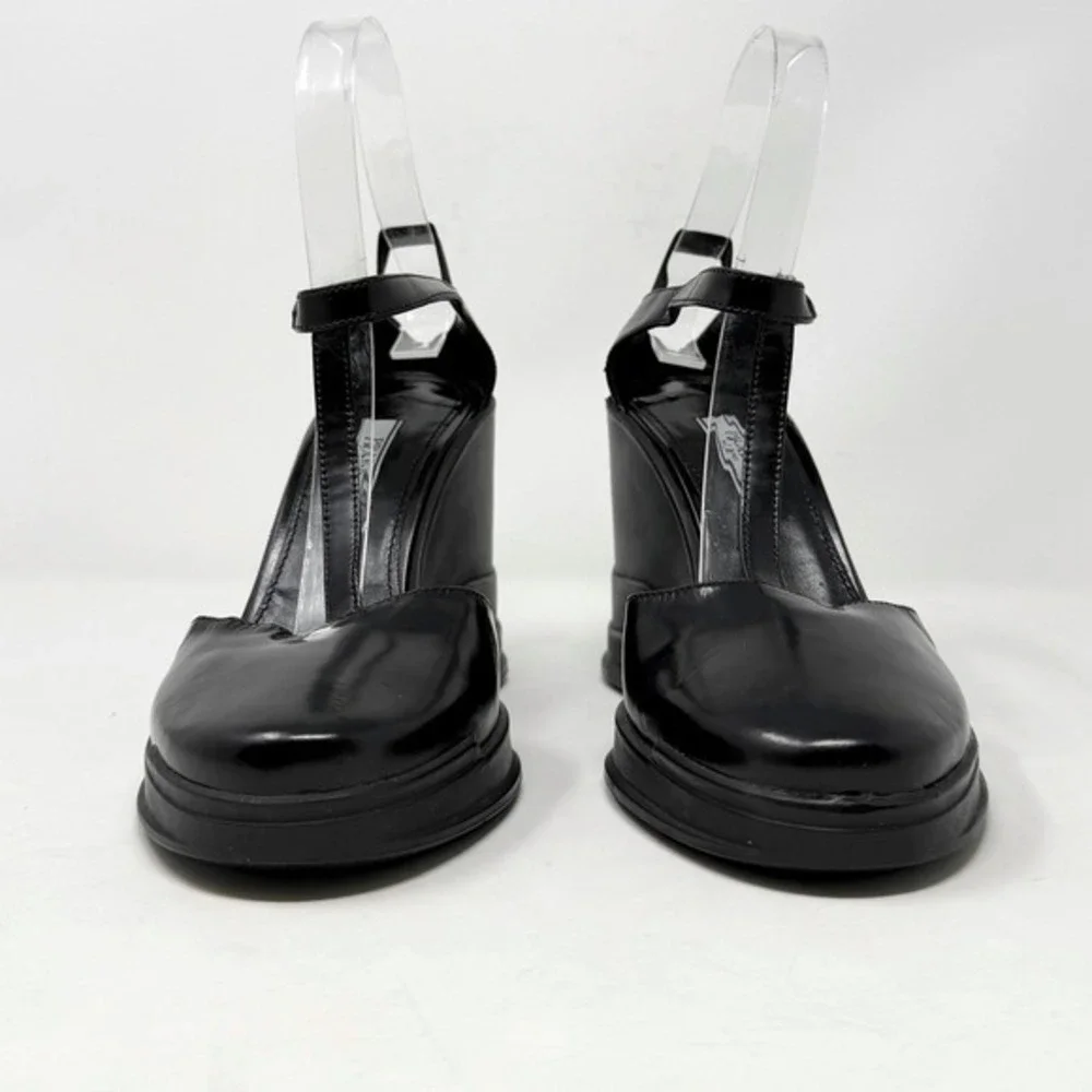 Prada Black Wedge Sandals‎ T Strap Leather Heels 37.5